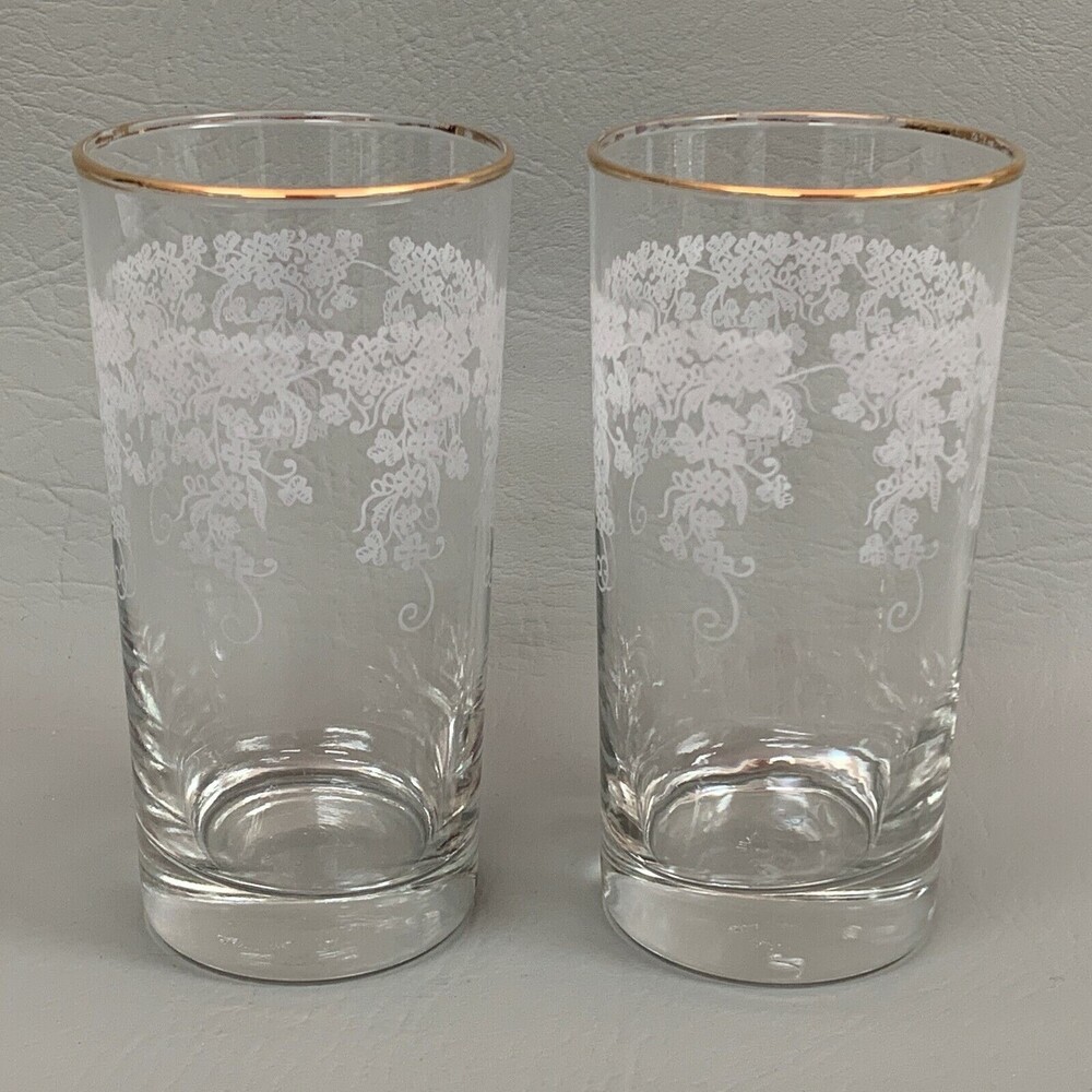 Highball Clear Glasses White‎ Flowers Floral Gold Trim Lot of 2